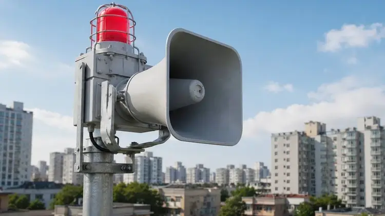 Syrena alarmowa na tle bloków mieszkalnych