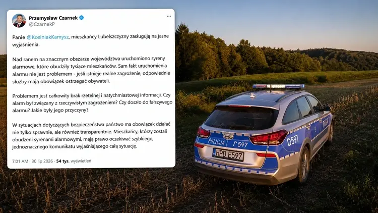Radiowóz policji i wpis Przemysława Czarnka po uruchomieniu syren alarmowych na Lubelszczyźnie.