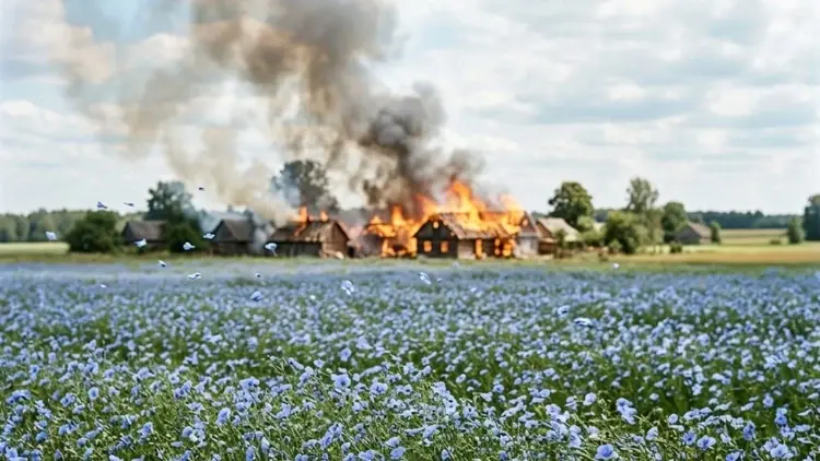 płonąca wioska wśród pola lnu