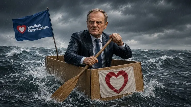 Donald Tusk w łodzi z kartonu