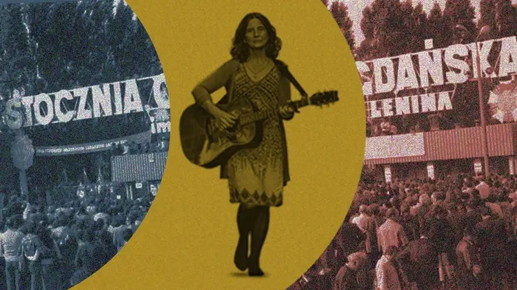 Kobieta z gitarą na tle stoczni gdańskiej