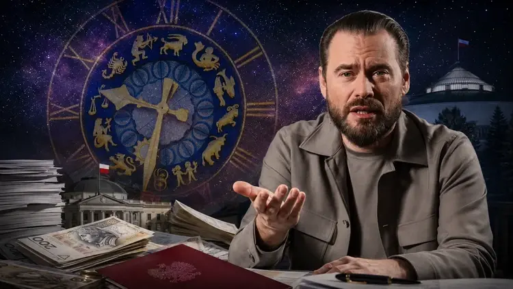 Krzysztof Stanowski na tle znaków zodiaku i symboli publicznego finansowania