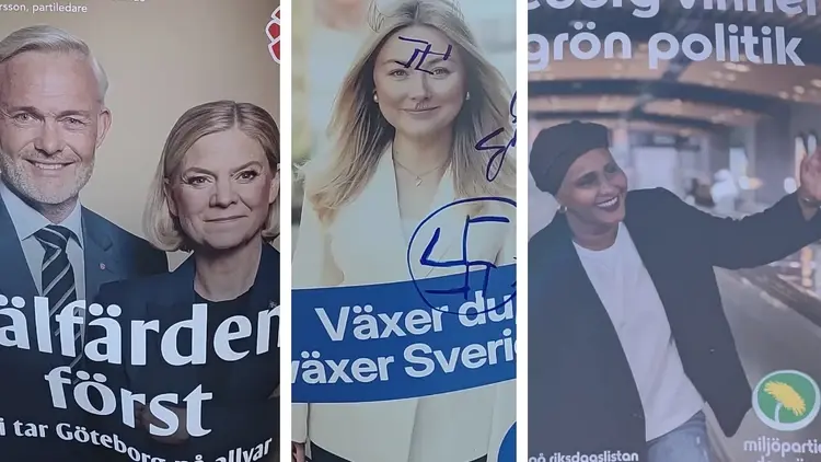 Zniszczony plakat wyborczy w Göteborgu, na tle niezniszczonych plakatów kandydatów lewicowych
