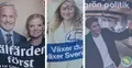 Zniszczony plakat wyborczy w Göteborgu, na tle niezniszczonych plakatów kandydatów lewicowych