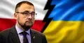 Wasyl Bodnar na tle flag polskiej i ukraińskiej
