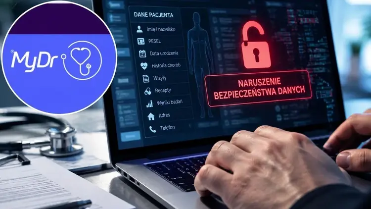 Ilustracja przedstawiająca laptop z danymi pacjenta, logo MyDr oraz komunikat o naruszeniu bezpieczeństwa danych.