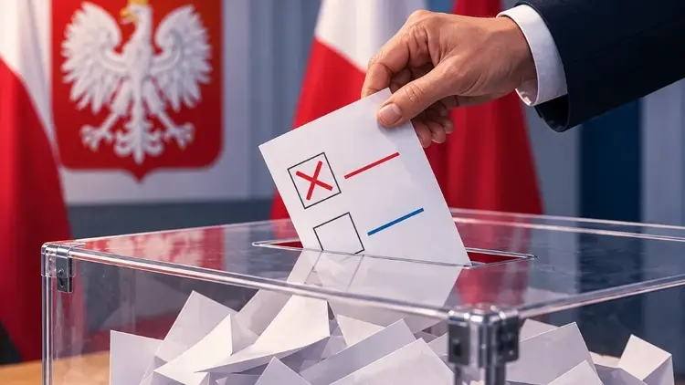 urna i ręka z kartą do głosowania na tle polskiej falgi