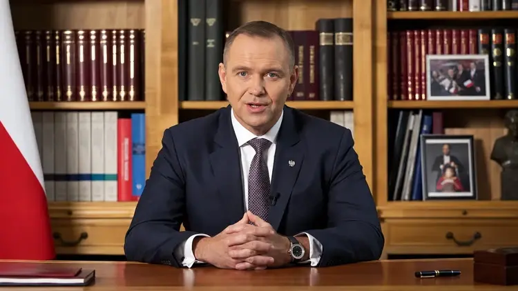Karol Nawrocki przemawia na siedząco na tle biblioteczki i polskiej flagi