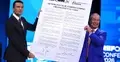 Jordan Bardella i Nigel Farage prezentują zawarte memorandum
